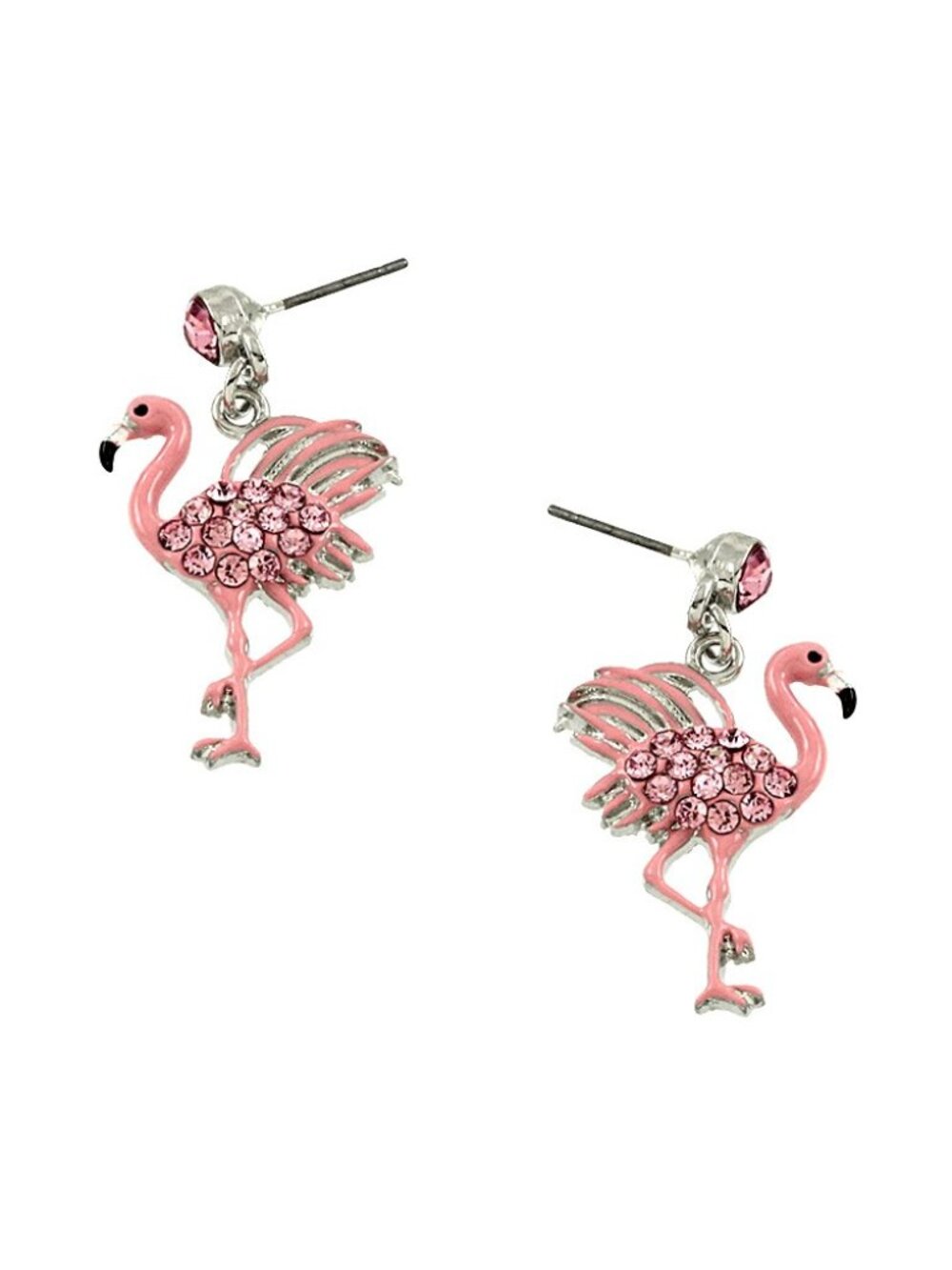 Flamingo Earrings Drop Dangle Pave Rhinestone Crystal Pink SILVER Jewelry Bird